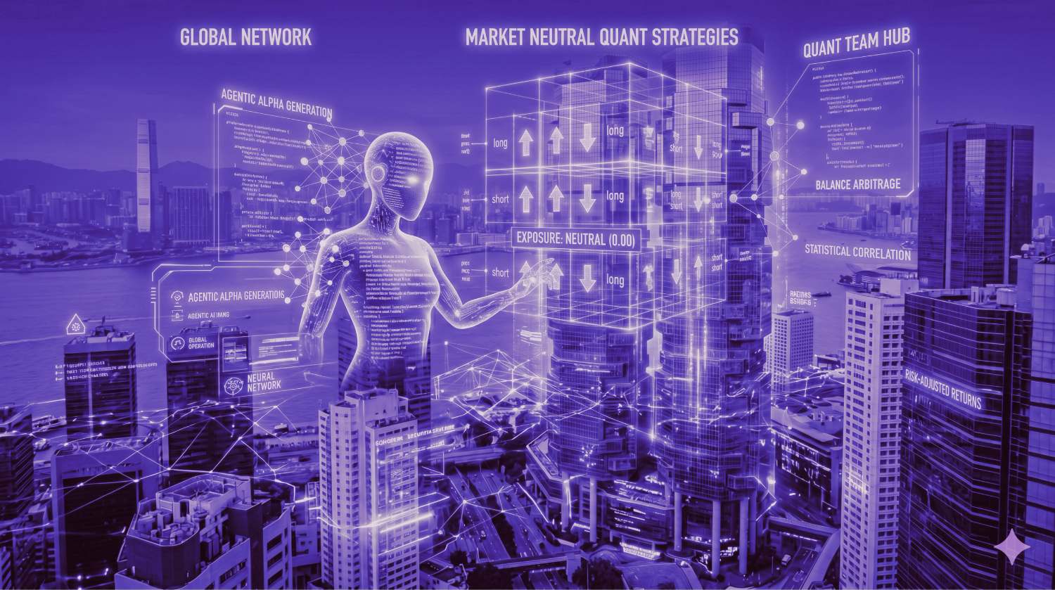 Cyber-quant city overlay on Hong Kong skyline
